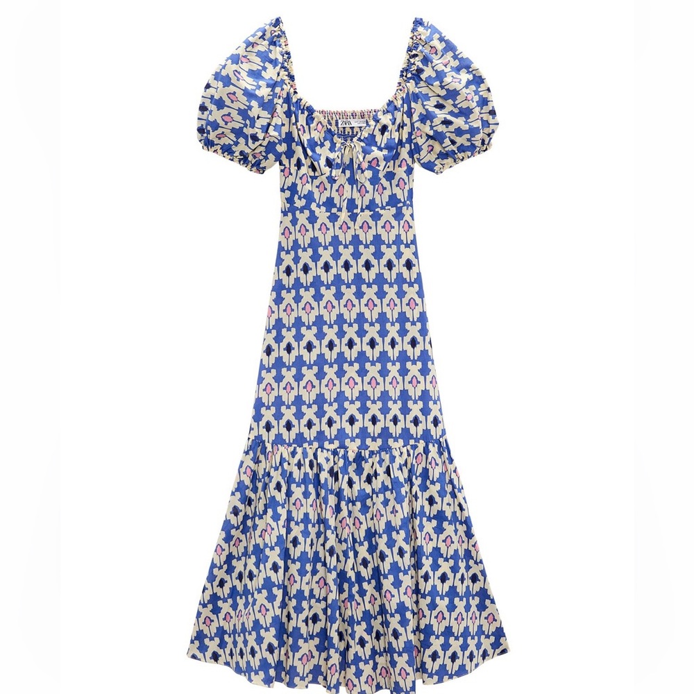 Zara Blue Cream Patterned Maxi Dress with Puff Sleeves